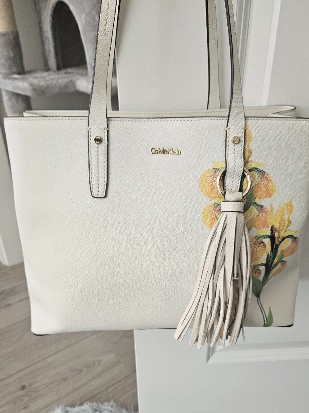 Calvin Klein creamy white saffiano leather satchel